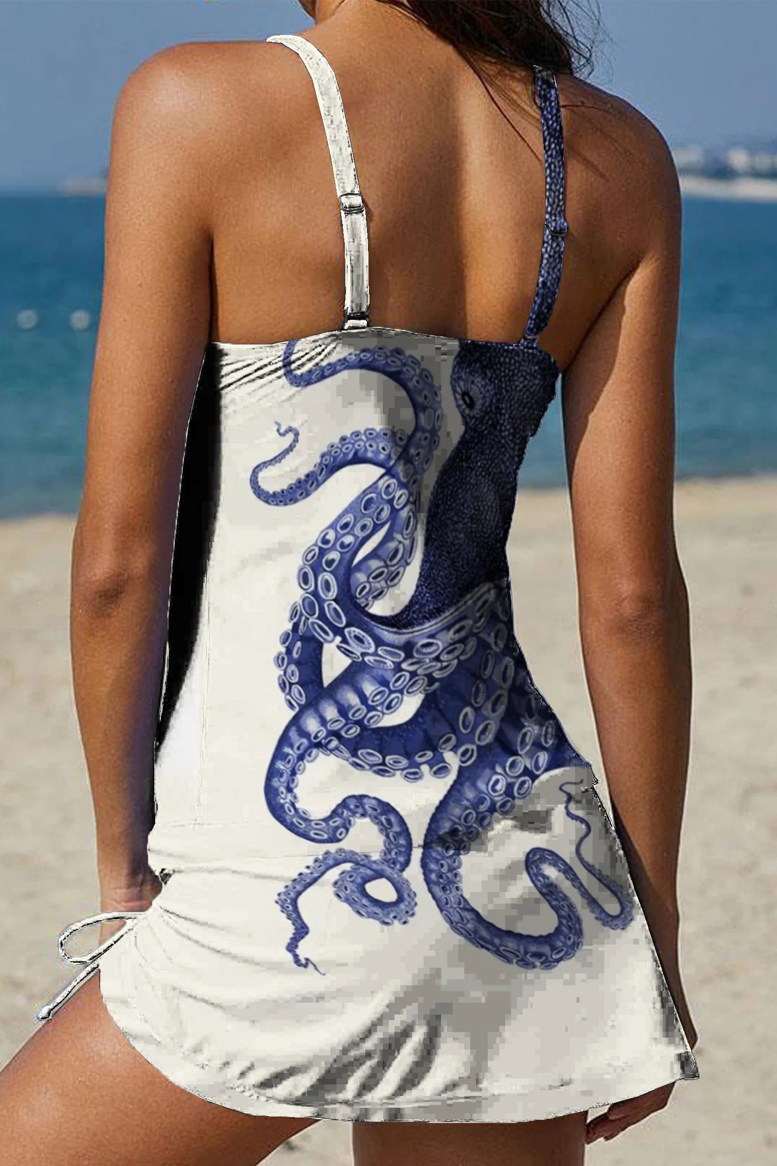 Blue Octopus Print Pleated Tankini Pantskirt Set