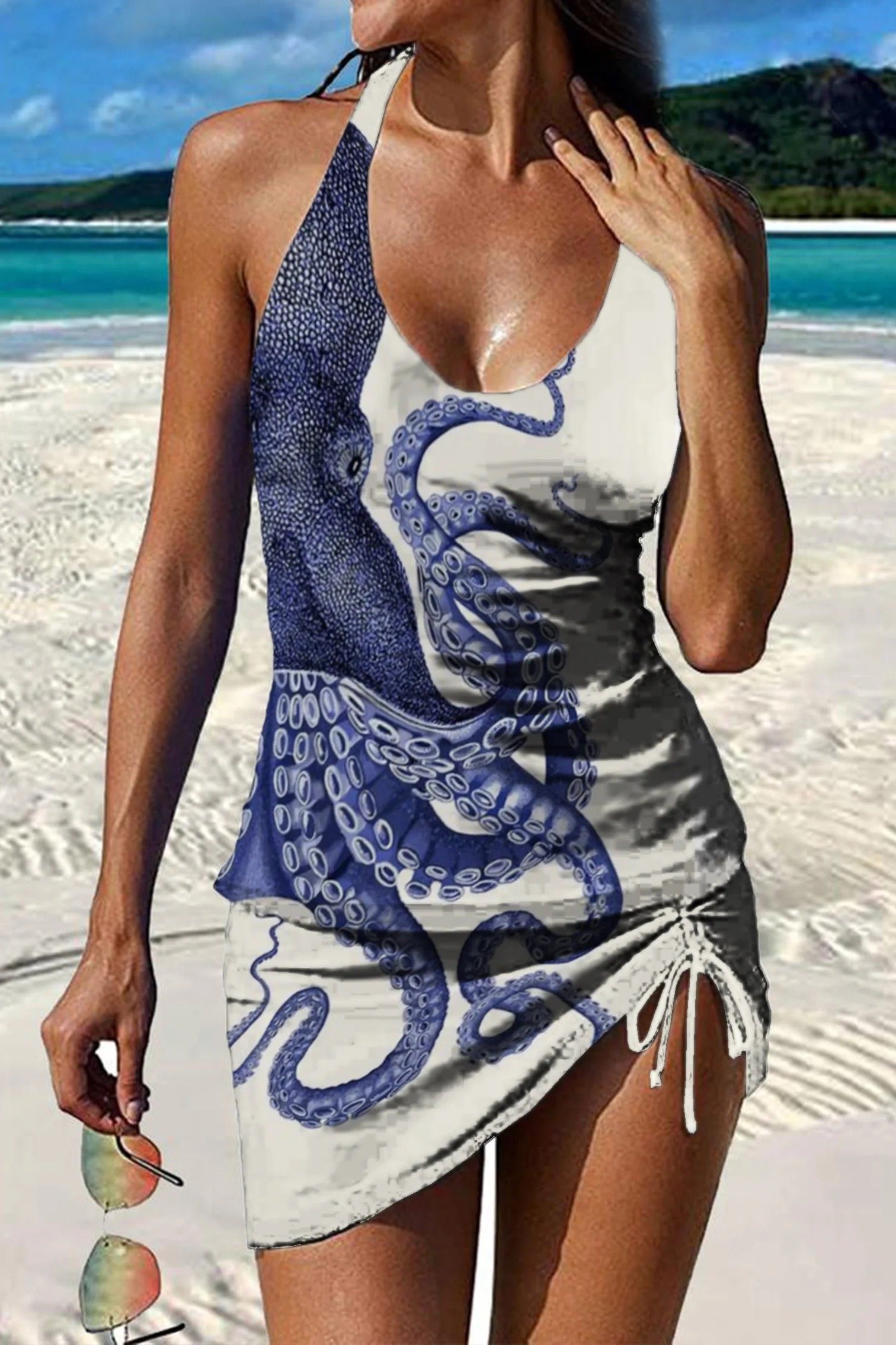 Blue Octopus Print Pleated Tankini Pantskirt Set