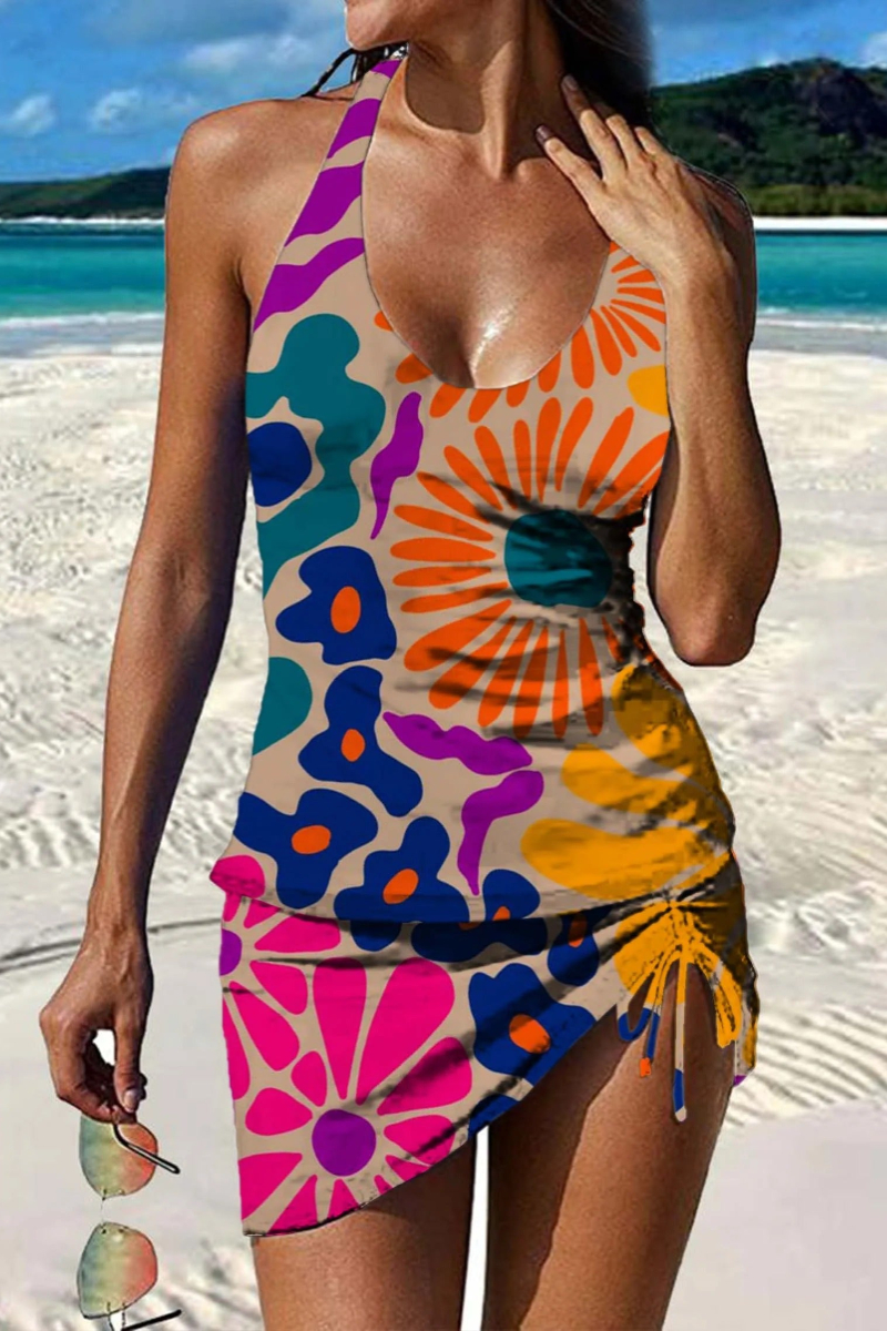 Colorful Flower Print Pleated Tankini Pantskirt Set