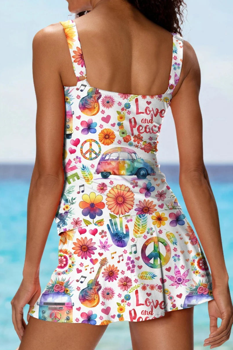Playful Flower Print Square Neck Adjustable Straps Tankini Set