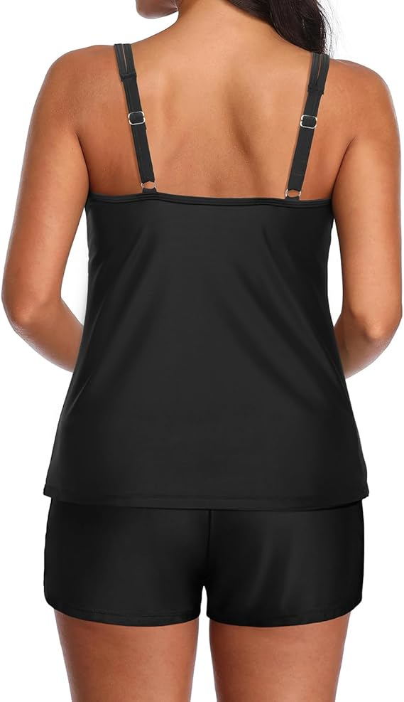 Two Piece Tankini Swimsuits for Women Tummy Control Bathing Suit with Shorts Athletic Two Side Pockets Swimwear