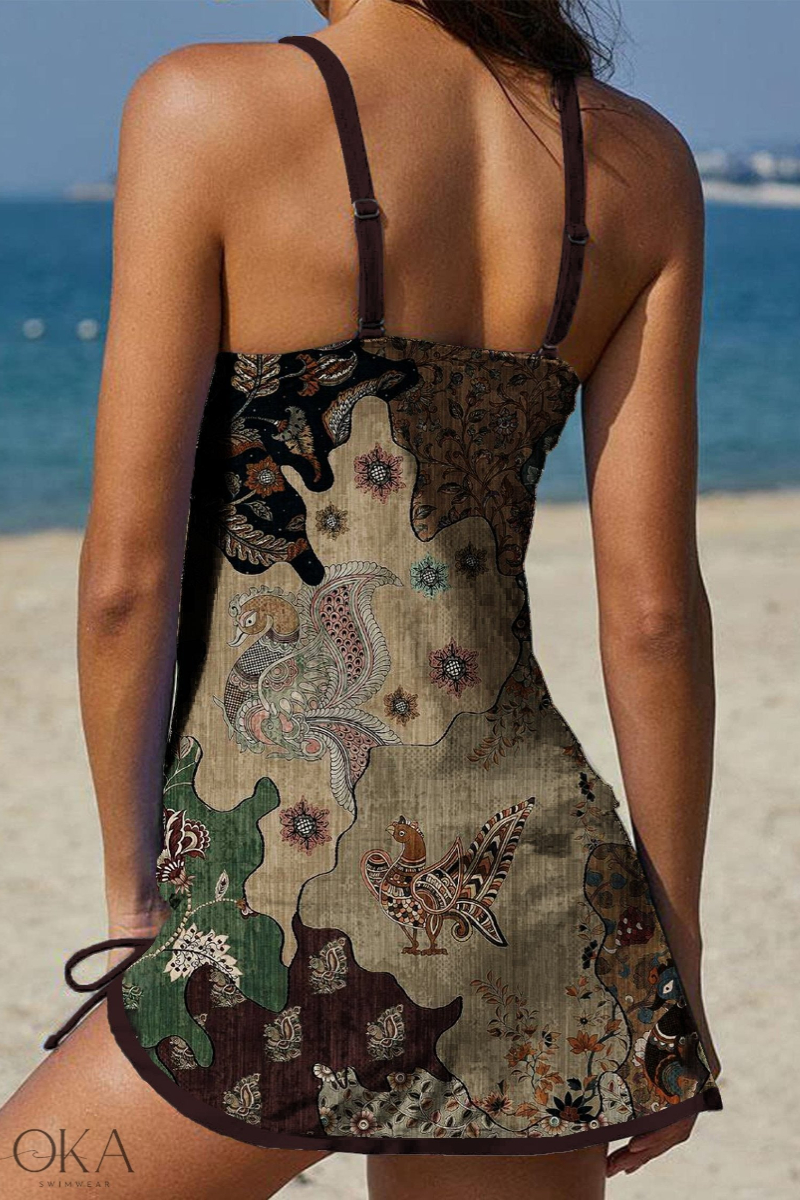 Multicolor Birds Print Pleated Tankini Pantskirt Set