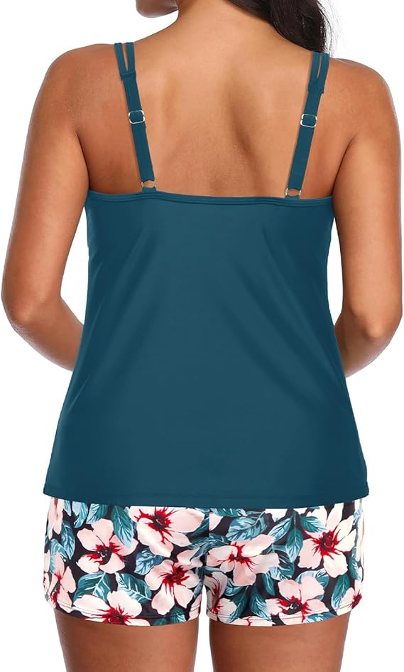 Two Piece Tankini Swimsuits for Women Tummy Control Bathing Suit with Shorts Athletic Two Side Pockets Swimwear
