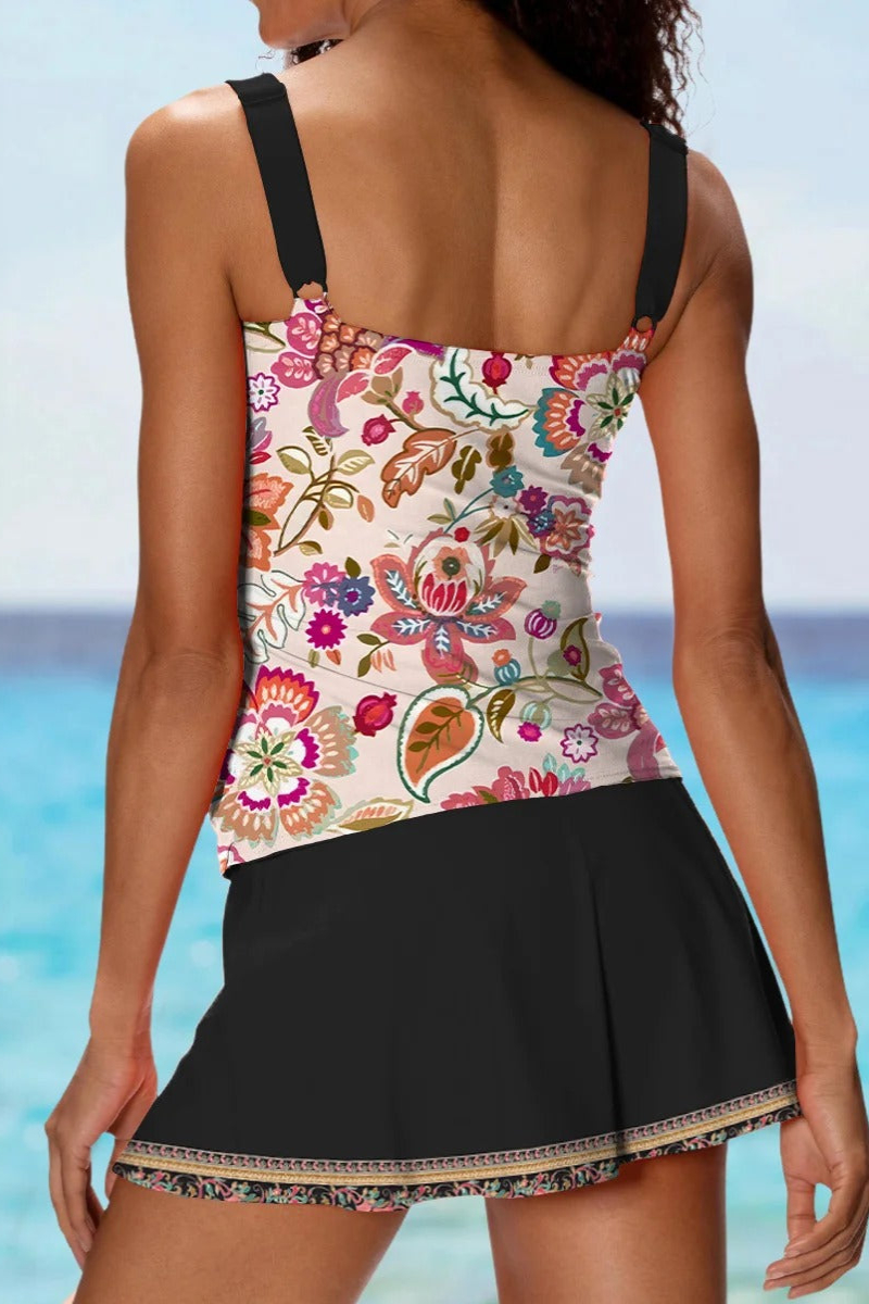 Multicolor Retro Pattern Square Neck Adjustable Straps Tankini Set
