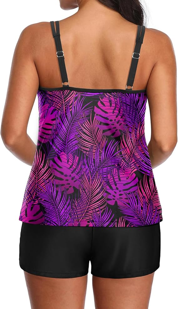 Two Piece Tankini Swimsuits for Women Tummy Control Bathing Suit with Shorts Athletic Two Side Pockets Swimwear