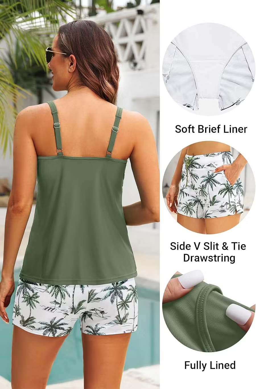 Two Piece Tankini Swimsuits for Women Tummy Control Bathing Suit with Shorts Athletic Two Side Pockets Swimwear