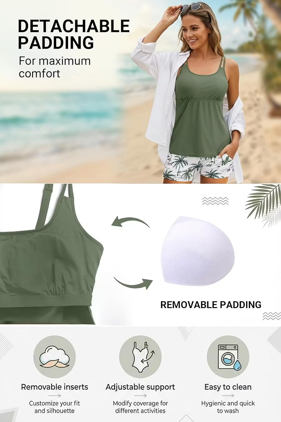 Two Piece Tankini Swimsuits for Women Tummy Control Bathing Suit with Shorts Athletic Two Side Pockets Swimwear