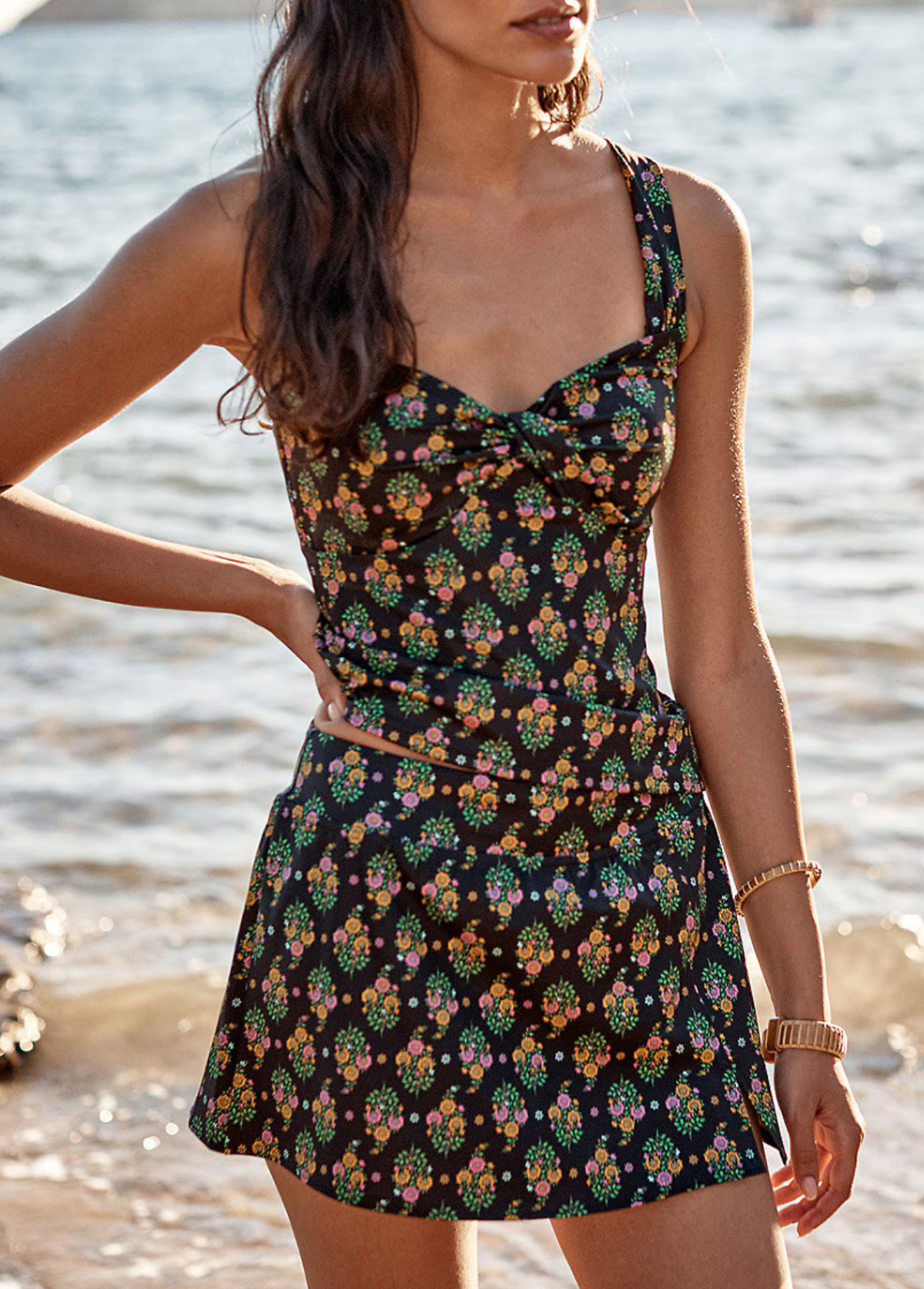 Black Floral Sweetheart Neck Tummy Control Tankini Set