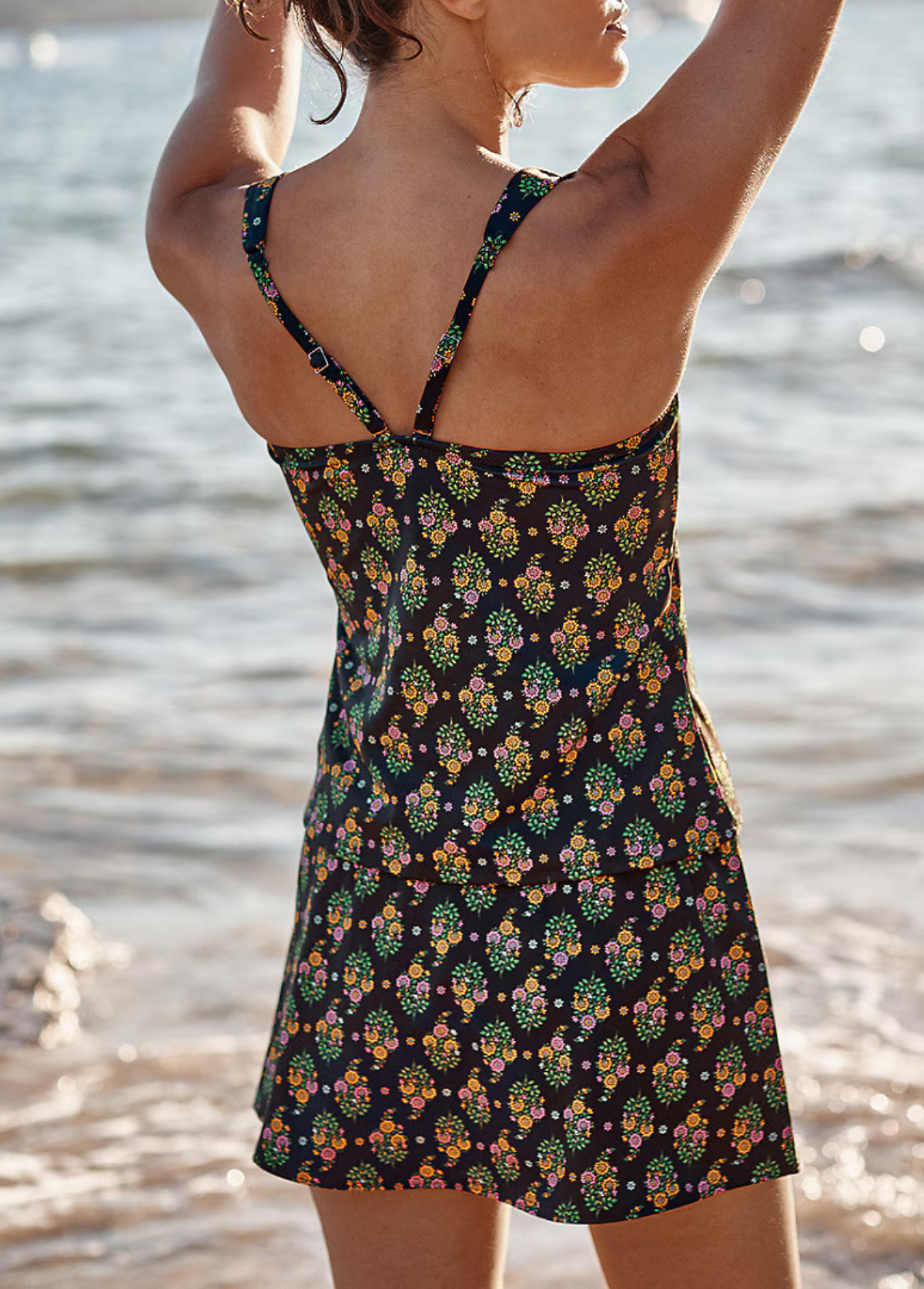 Black Floral Sweetheart Neck Tummy Control Tankini Set