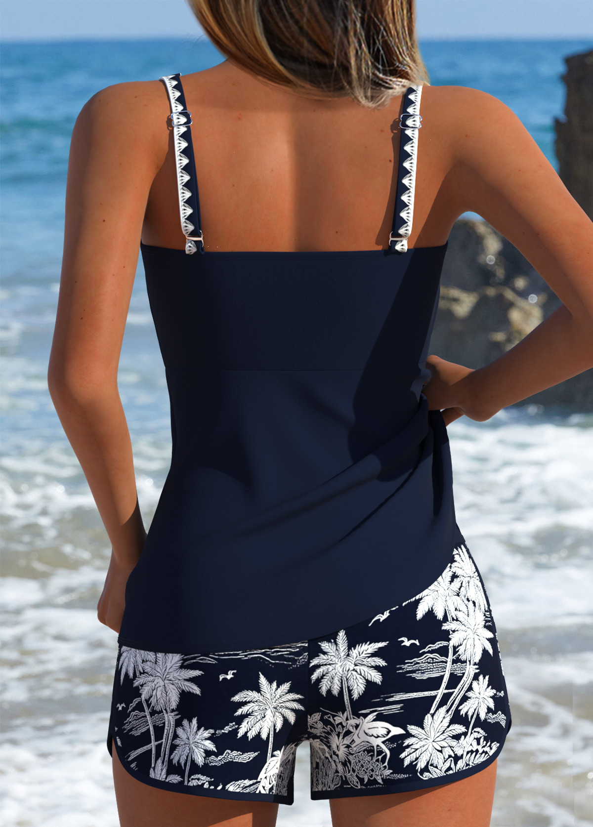 Tummy Control Navy Tropical Plants Print Tankini Set