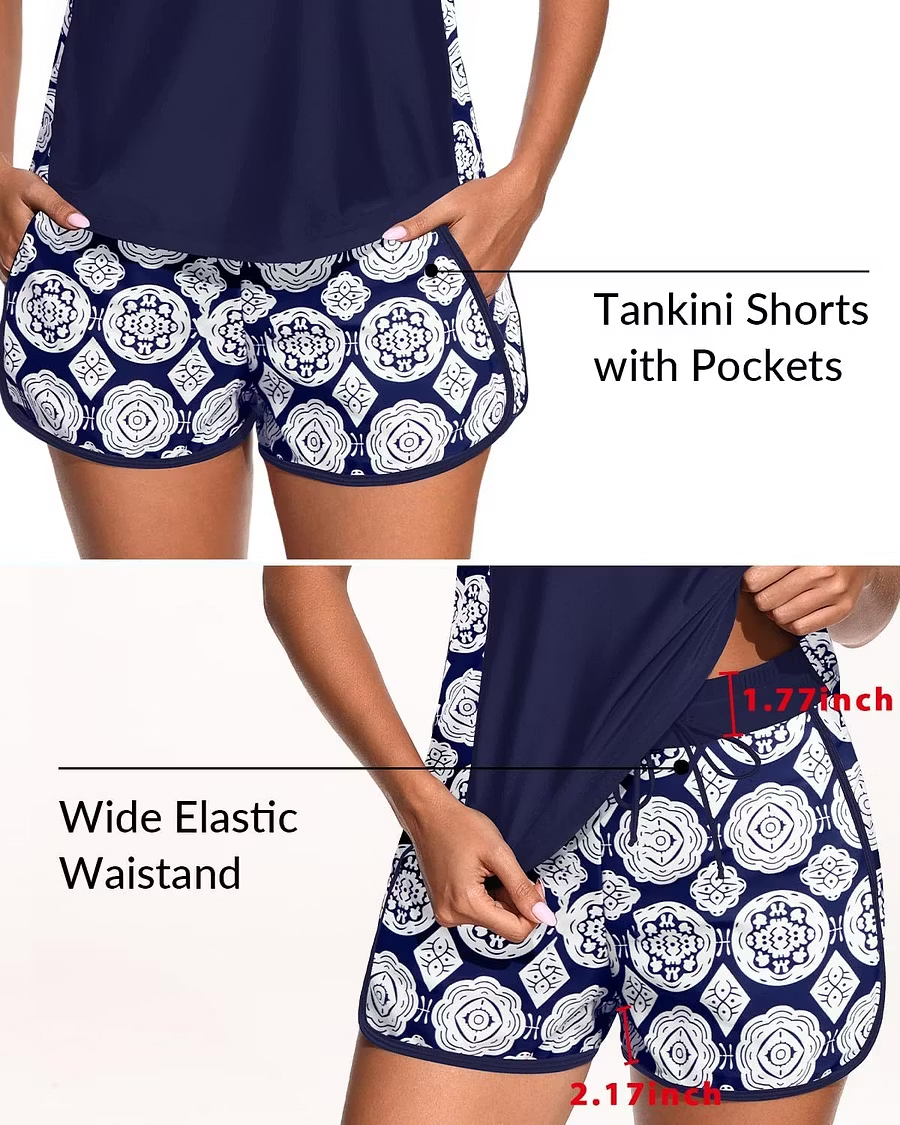 Tankini Swimsuit with Shorts - Tummy Control Two Piece Bathing Suit Swimwear with Sporty Pockets