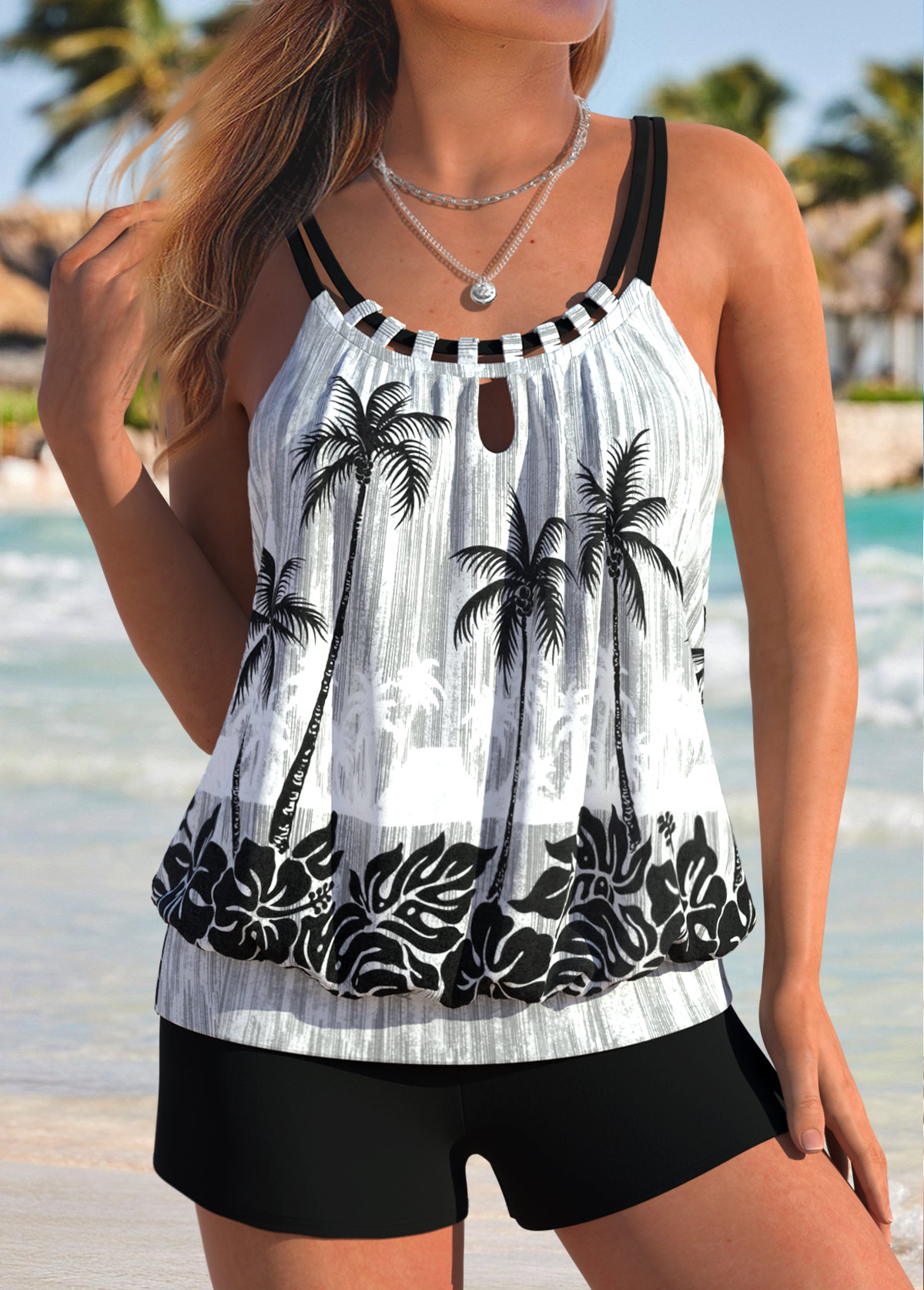 Tummy Coverage Tropical Plants Print Black Tankini Set