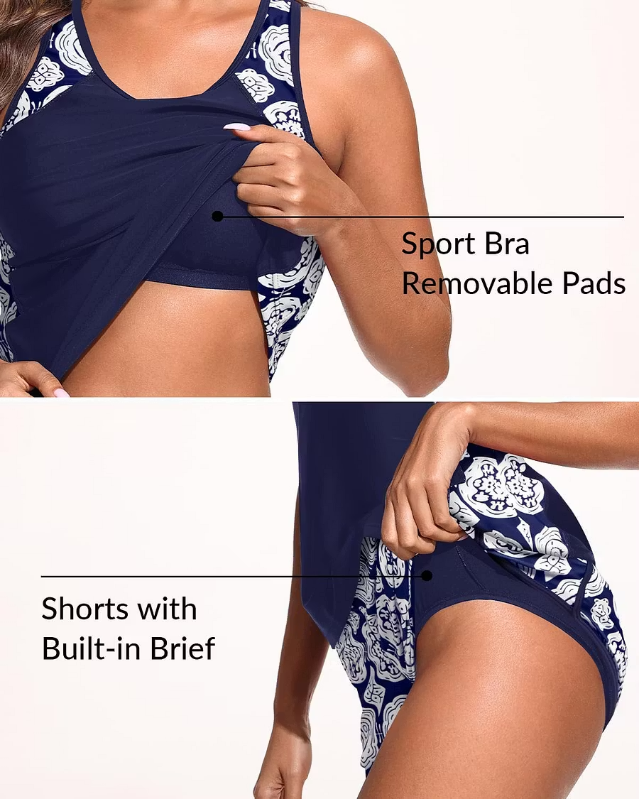 Tankini Swimsuit with Shorts - Tummy Control Two Piece Bathing Suit Swimwear with Sporty Pockets