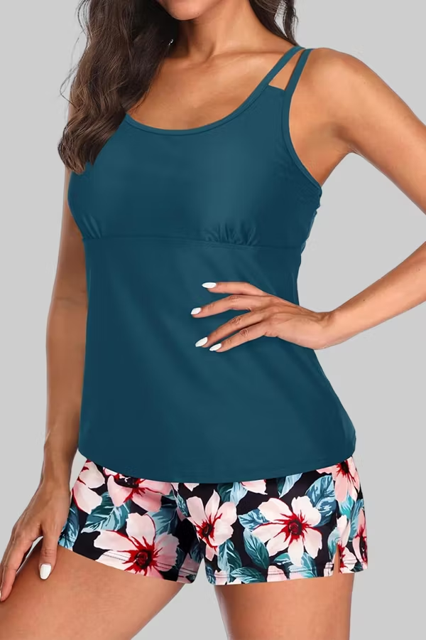 Two Piece Tankini Swimsuits for Women Tummy Control Bathing Suit with Shorts Athletic Two Side Pockets Swimwear