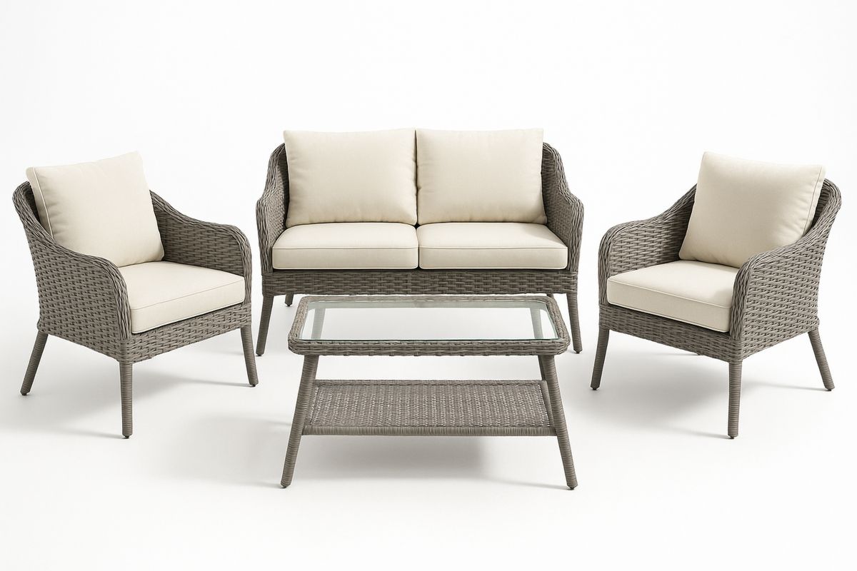 Rattan Gartenmöbel-Set Beige mit Glas Tischplatte und Metallrahmen-Lumidomusvivo