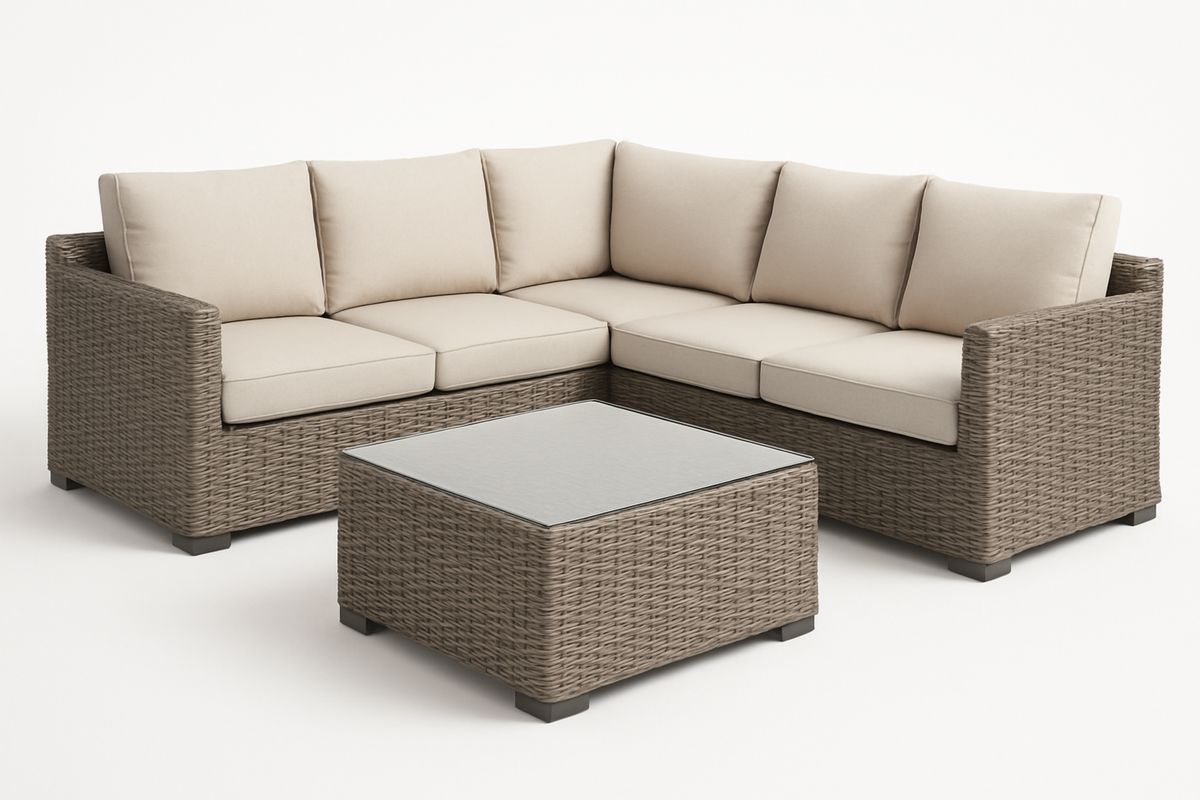 Rattan Ecksofa Set Beige mit Tisch Glasplatte-Lumidomusvivo