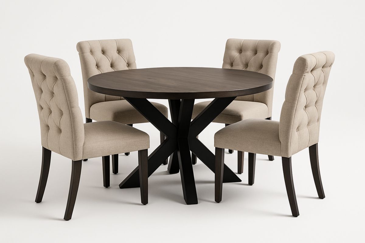 Runder Esstisch Set Dunkelbraun Holz/Beige Mikrofaser-Lumidomusvivo