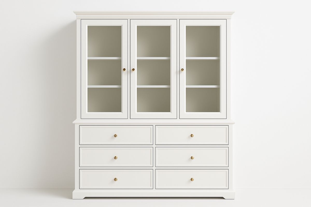 Holz Vitrine Weiß mit 3 Glastüren und 6 Schubladen-Lumidomusvivo