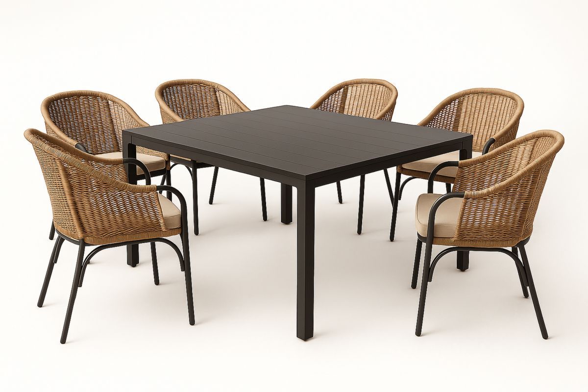 Gartentischset quadratisch Aluminium Schwarz Stühle Rattan Natur 6 Personen-Lumidomusvivo