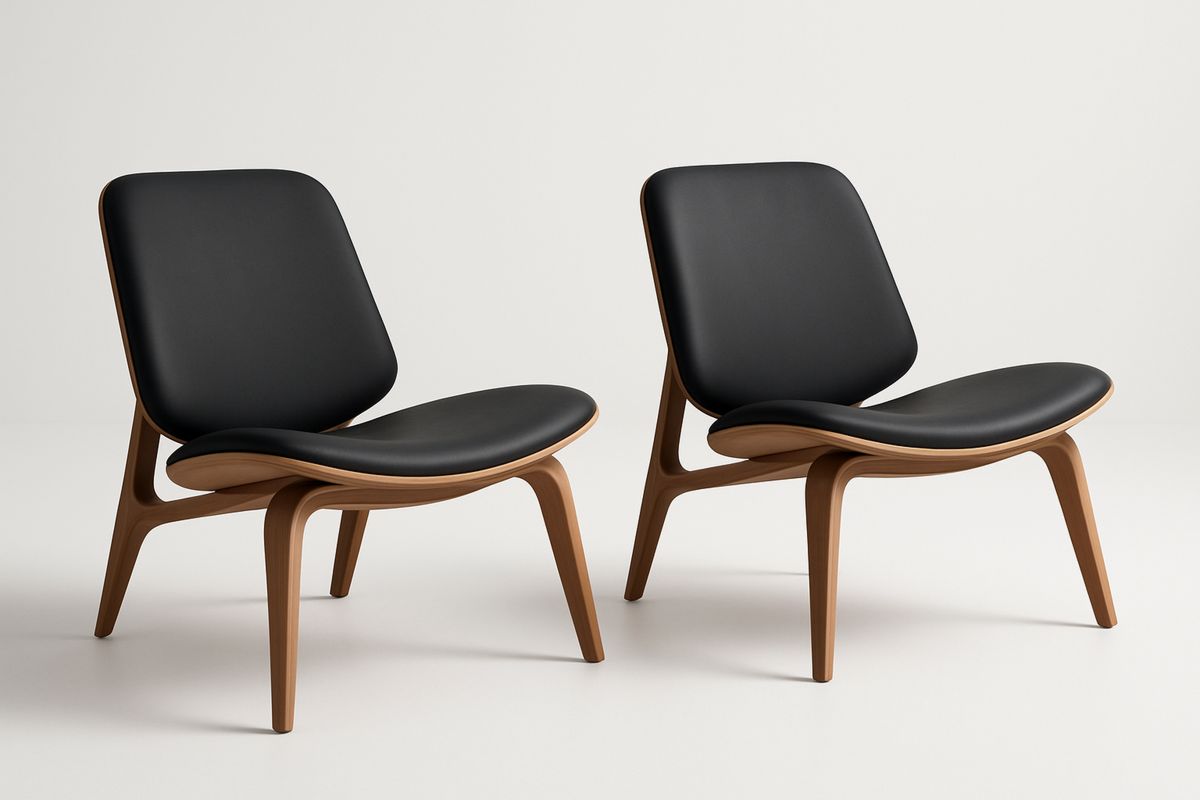 Set aus 2 Lounge-Sesseln mit Holzrahmen und schwarzer PU-Lederpolsterung-Lumidomusvivo