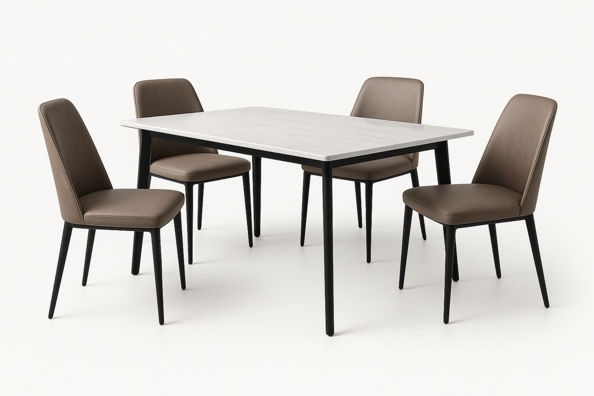 Esstischset rechteckig aus Marmor und Metall mit 4 Kunstlederstühlen-Lumidomusvivo