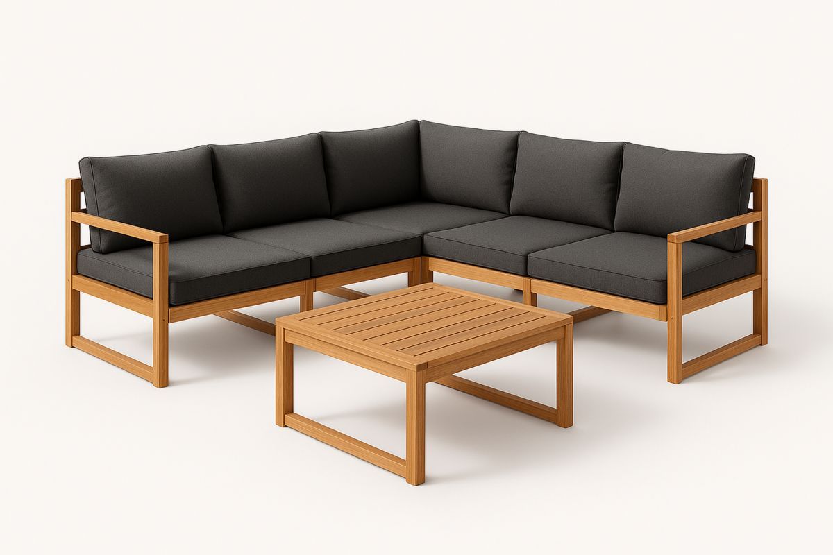 Ecksofa-Set aus Holz mit dunklen Polyesterkissen-Lumidomusvivo