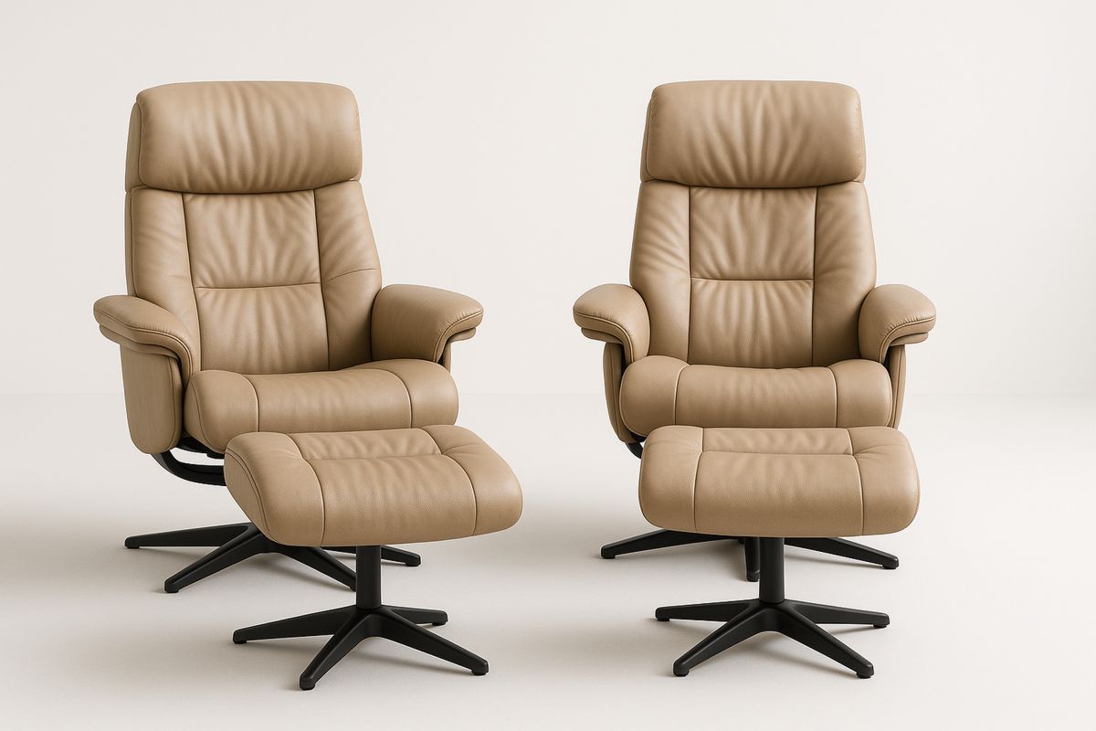 Zwei Sessel mit Hocker Set Leder Beige Verstellbar Drehsessel-Lumidomusvivo