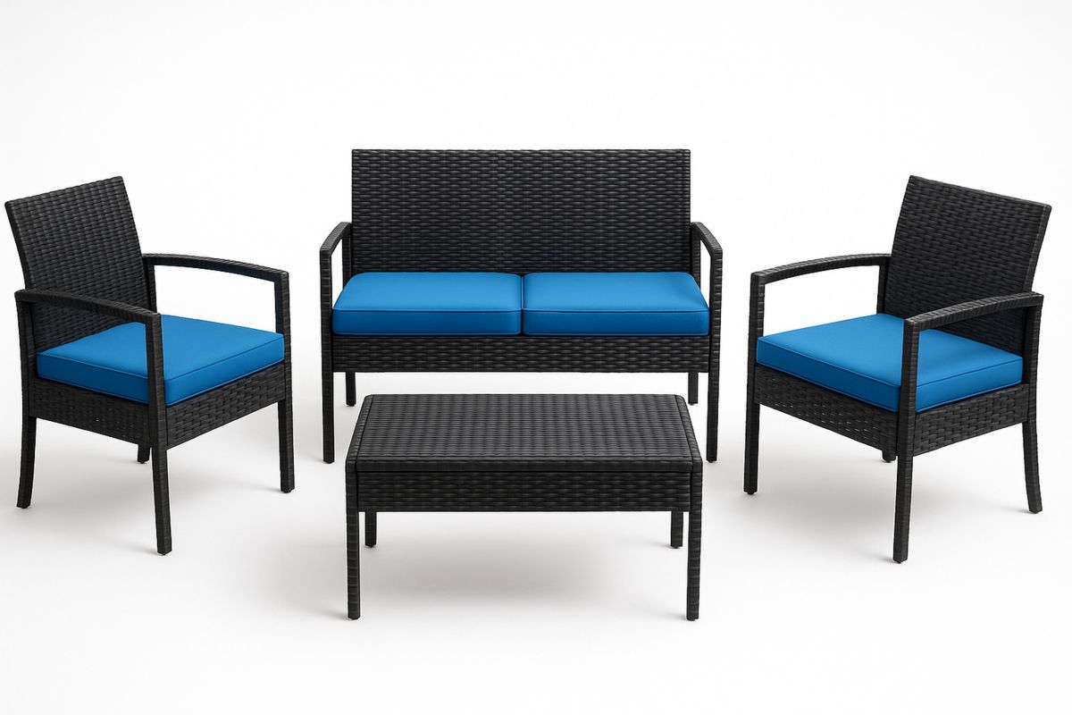 Rattan Gartenmöbel-Set Schwarz/Blau Polyethylen Sitzgruppe mit Tisch-Lumidomusvivo