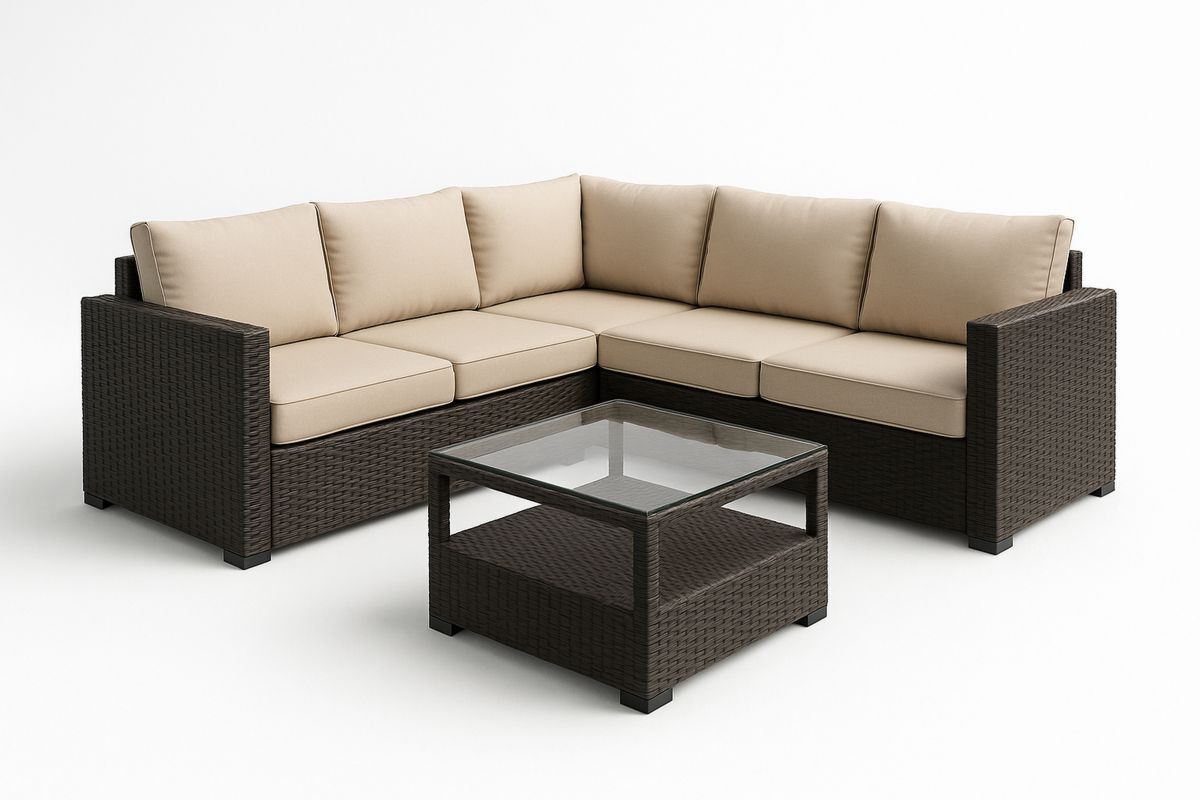 Outdoor Ecksofa Set aus Rattan mit Glastisch Braun/Beige-Lumidomusvivo