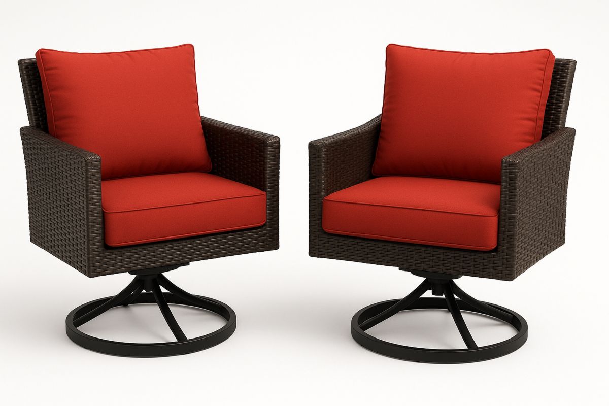 Drehbarer Outdoor-Sessel aus Rattan mit roten Kissen-Lumidomusvivo