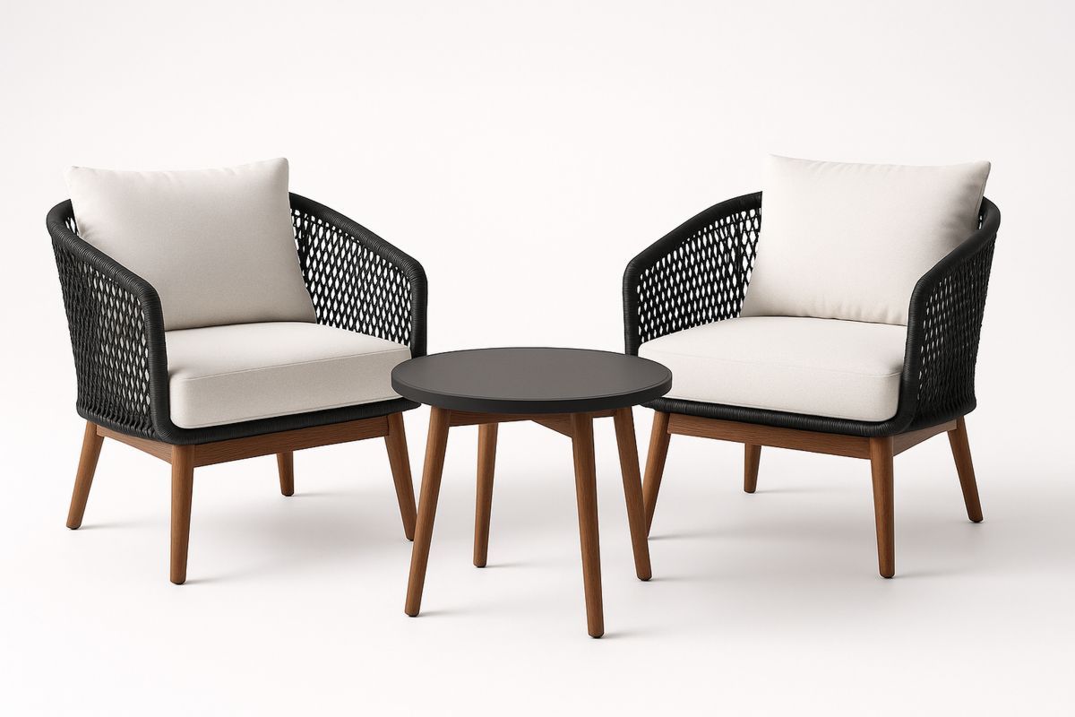 Gartenmöbel-Set Sessel Geflecht Holz Metall Tisch Schwarz Hellbraun-Lumidomusvivo