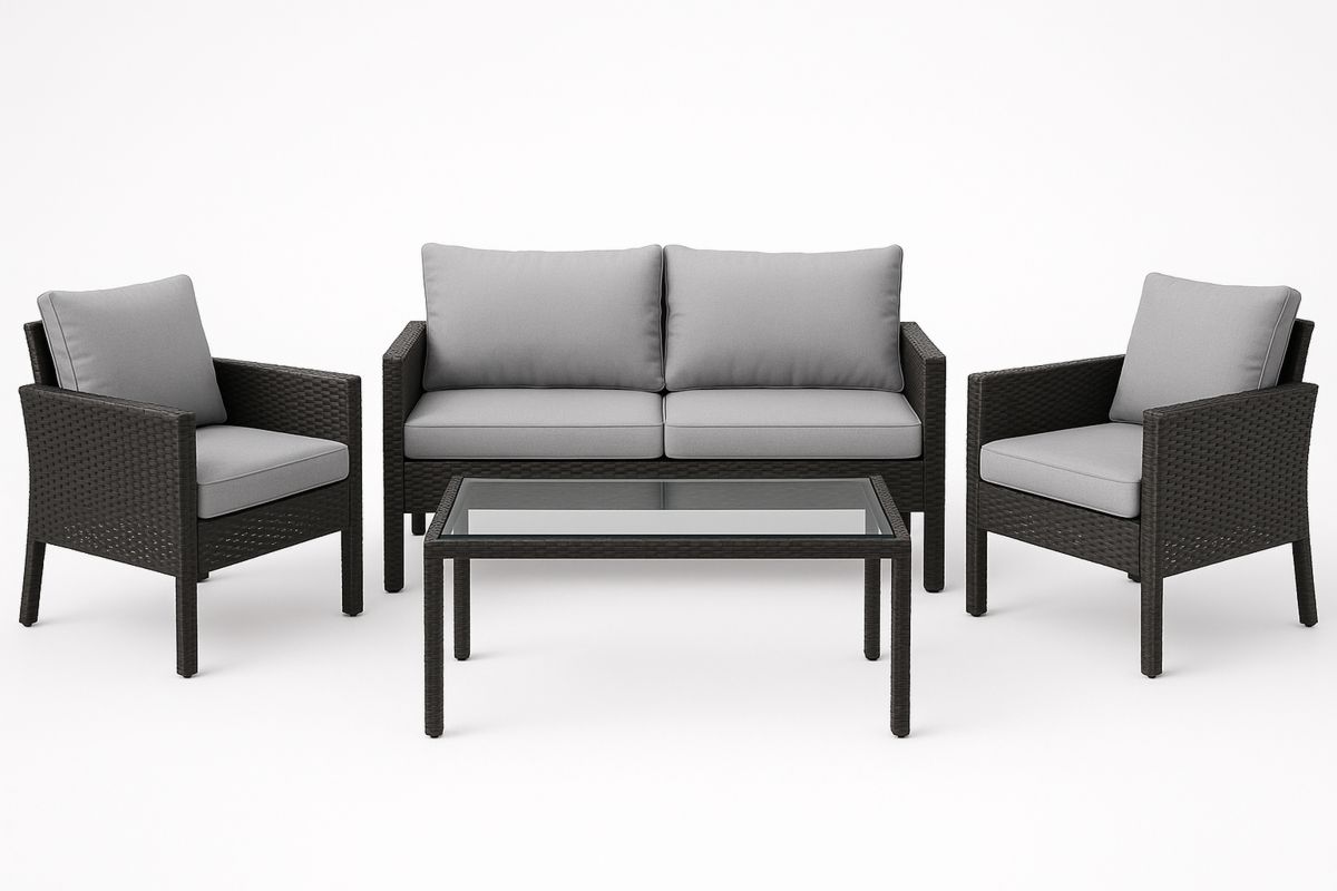 Gartenmöbel Set Rattan Schwarz Glas Tischkissen Grau-Lumidomusvivo