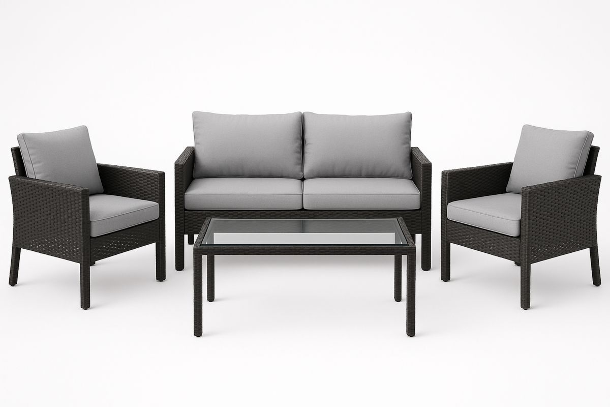 Gartenmöbel Set Rattan Schwarz Glas Tischkissen Grau-Lumidomusvivo