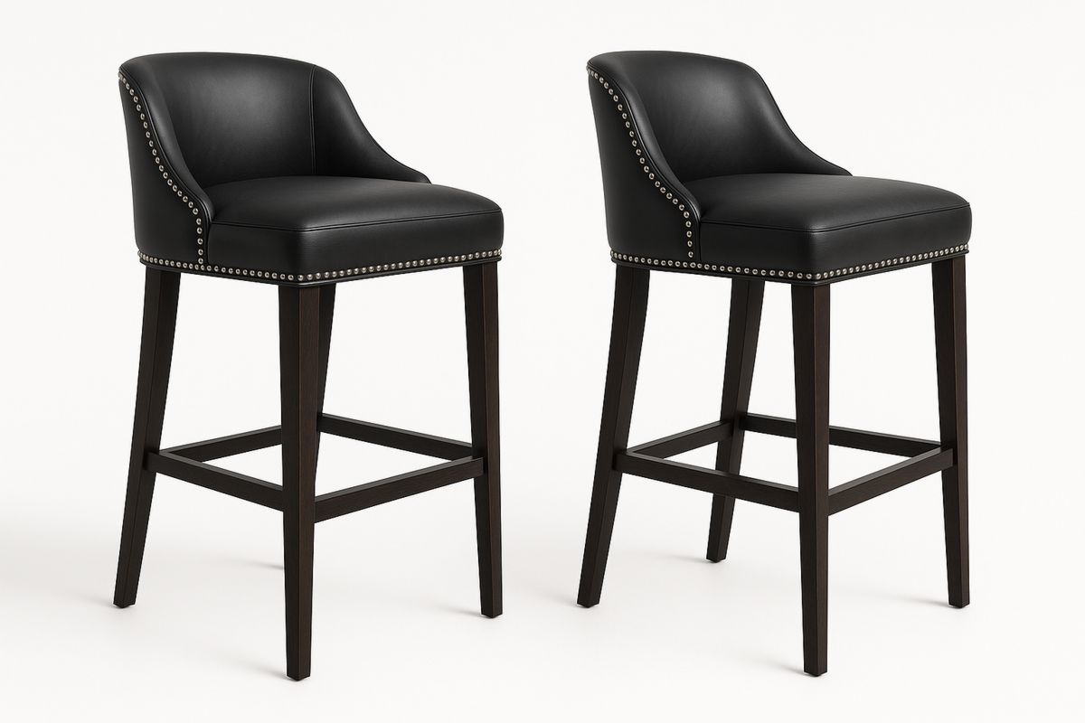 2er Set Barhocker Leder Schwarz Eichenrahmen-Lumidomusvivo