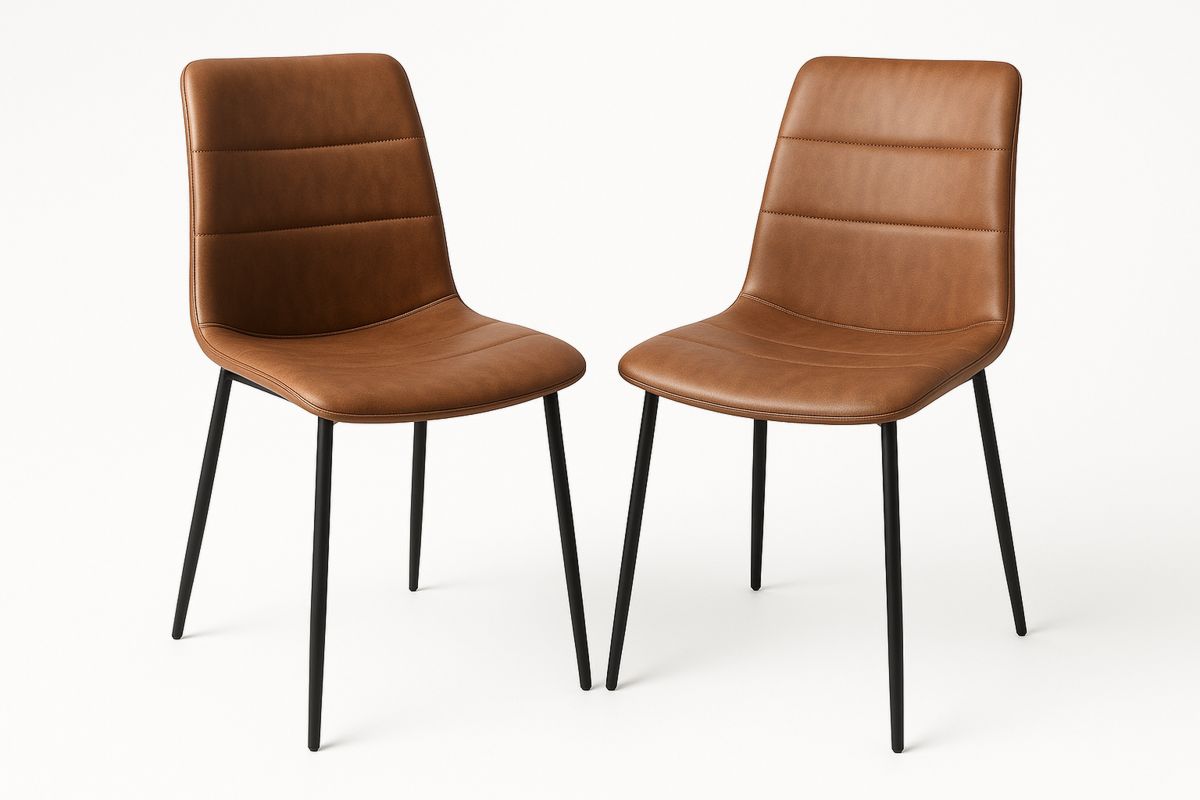 Zwei Stühle aus braunem PU-Leder mit schwarzem Metallrahmen-Lumidomusvivo