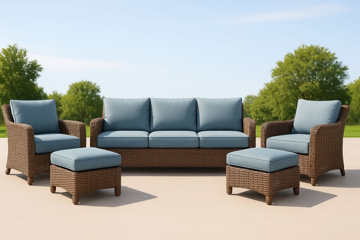 5-teiliges Gartenmöbel-Set aus Rattan mit blauen Kissen-Lumidomusvivo