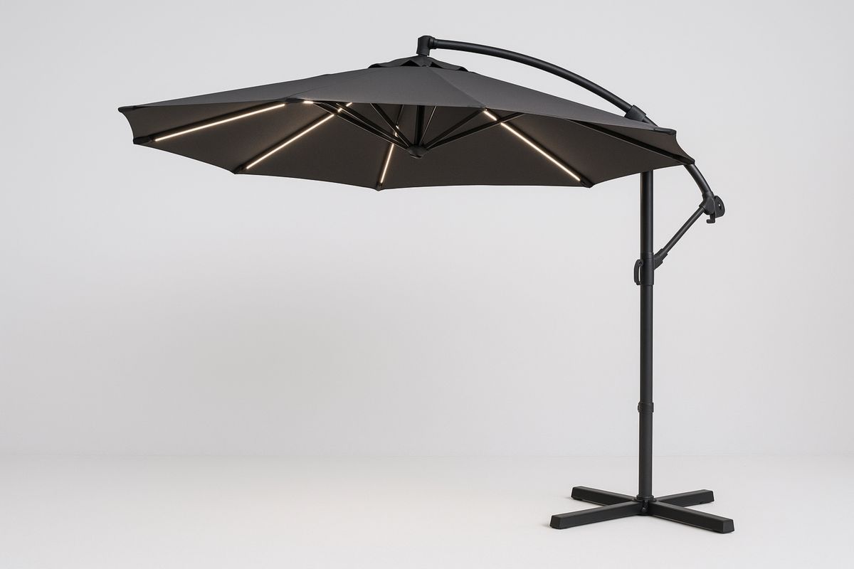 Gartenschirm Freischwinger rund 3m LED Beleuchtung Aluminium/Polyester Anthrazit-Lumidomusvivo