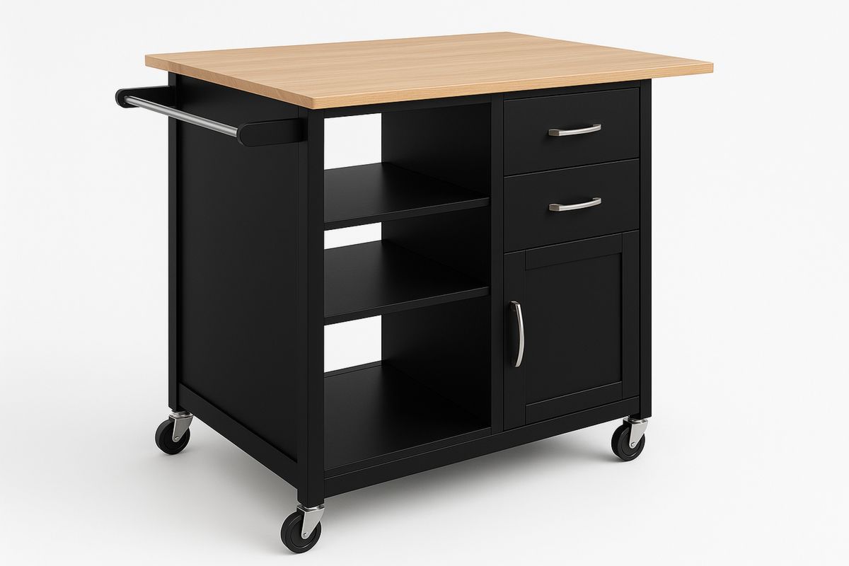 Schwarze Kücheninsel aus Holz mit Schubladen und Rollen-Lumidomusvivo