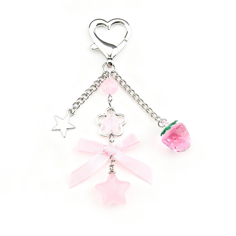 Porte-clés Breloque Fraise Étoile Rose, Clip Cœur Mignon - 