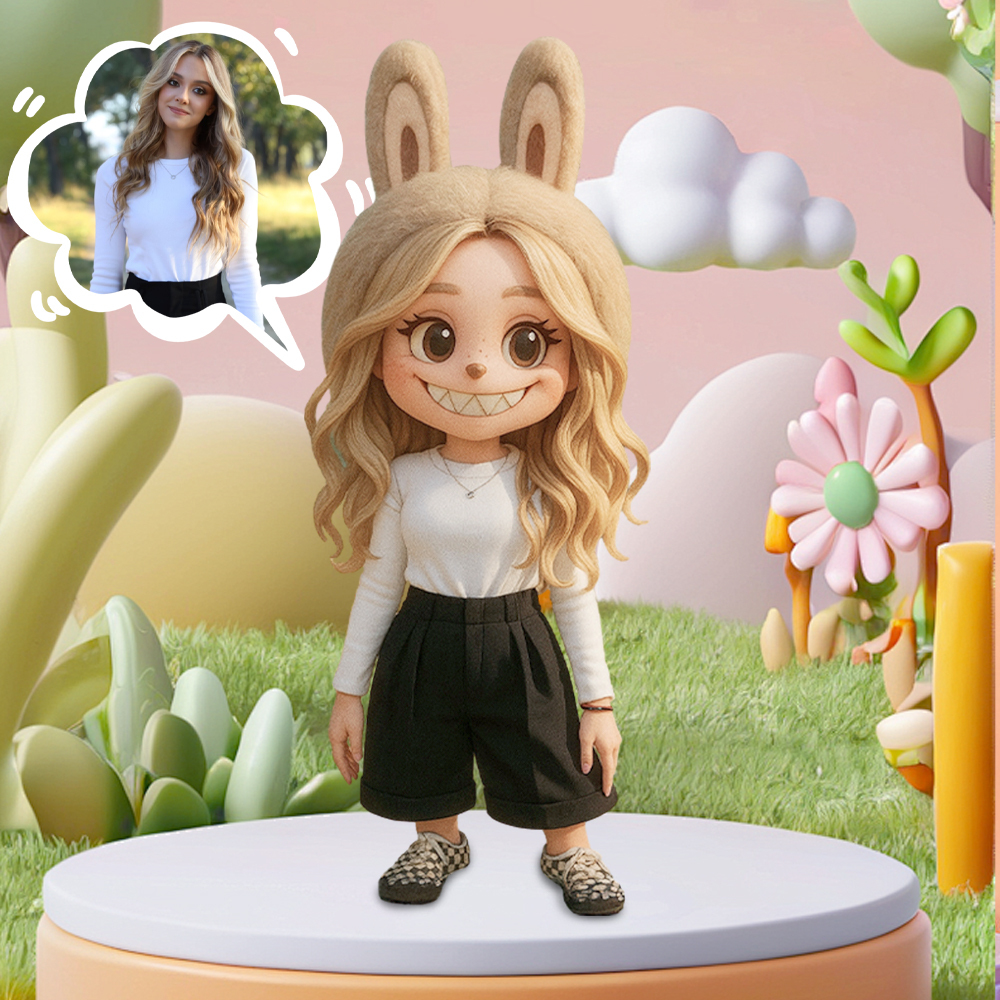 Cute Bunny Girl 3D Cartoon Figure with Colorful Floral Summer Outfit