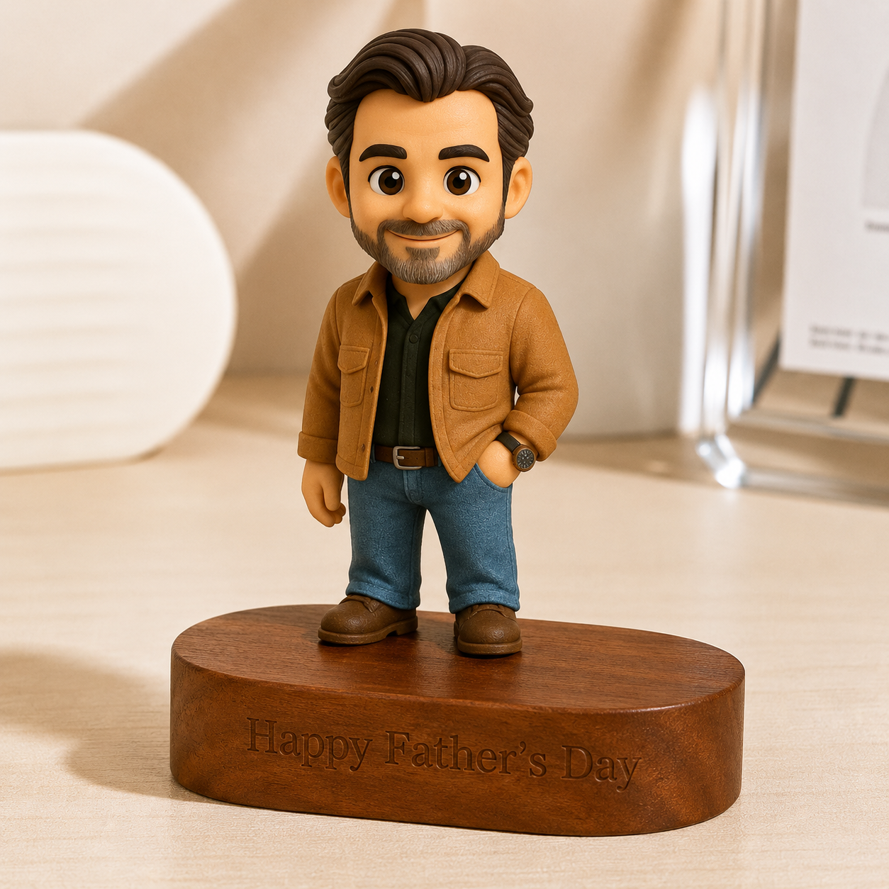 Figurine 3D personnalisée à partir d’une photo avec base en bois gravée Message personnalisé Support en bois massif Cadeau unique pour la fête des pères pour papa - 