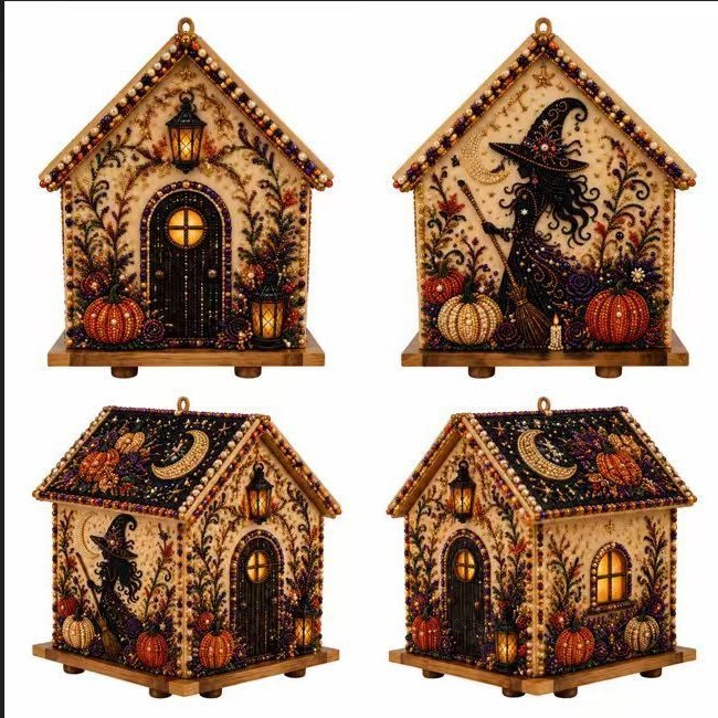 Kit De Peinture Diamant 5D En Bois Représentant Une Maison, à Réaliser Soi-même. Un Cadeau D'Halloween Unique Et Original Avec Des Perles. - 