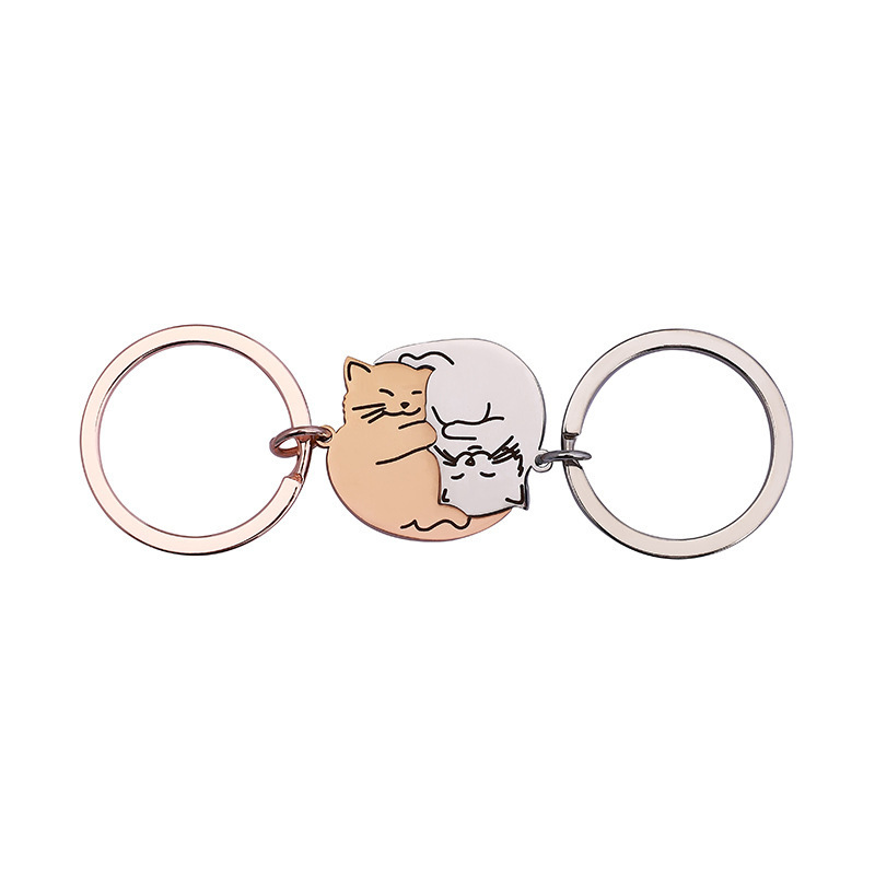Porte-clés Chat En Acier Inoxydable Or Rose Et Argent - 
