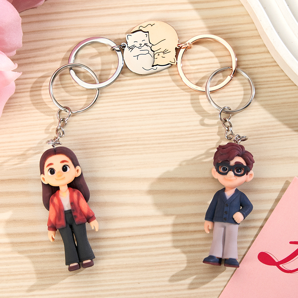 Custom 3D Figurine Keychain From Photo Cat Couple Matching Key Rings Keyring Personalized Romantic Gift for Couples Valentines Day Anniversary