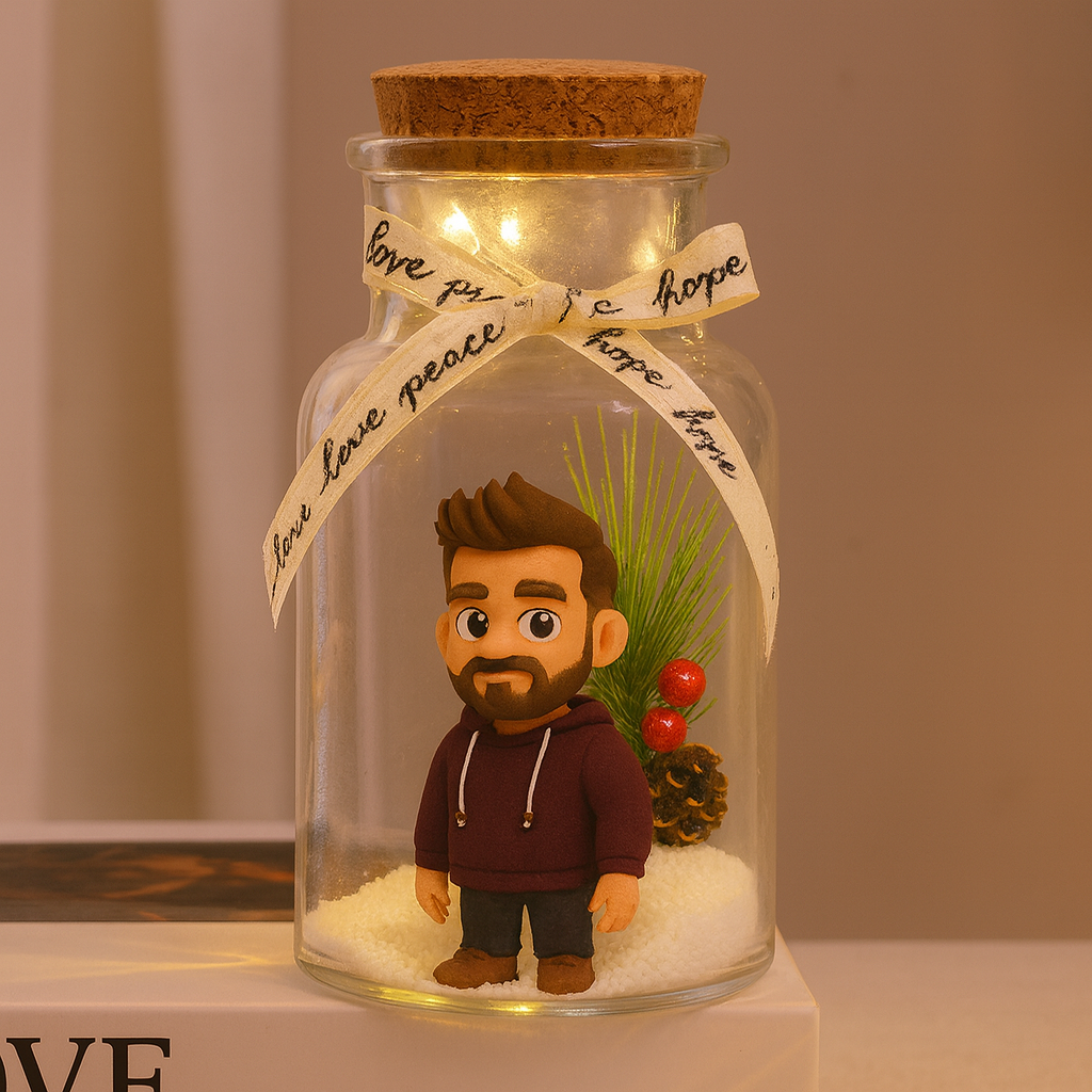 Custom 3D Figure Christmas Glass Wish Bottle Personalized Mini Figure Night Light Ornament with Pine Cone Scene Unique Christmas Gift