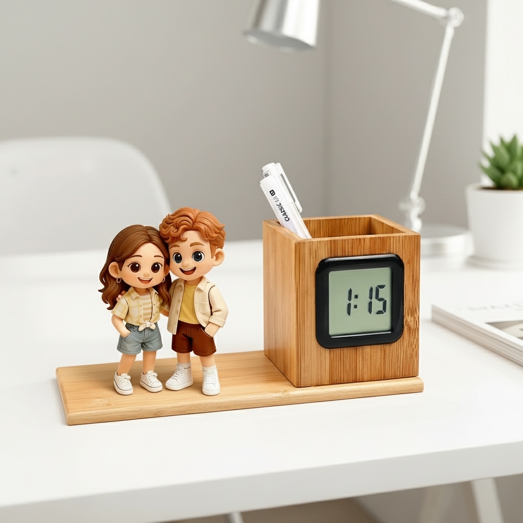 Custom 3D Mini Figure Wooden Pen Holder Clock Personalized Desk Organizer with LED Time Display Unique Gift for Birthday