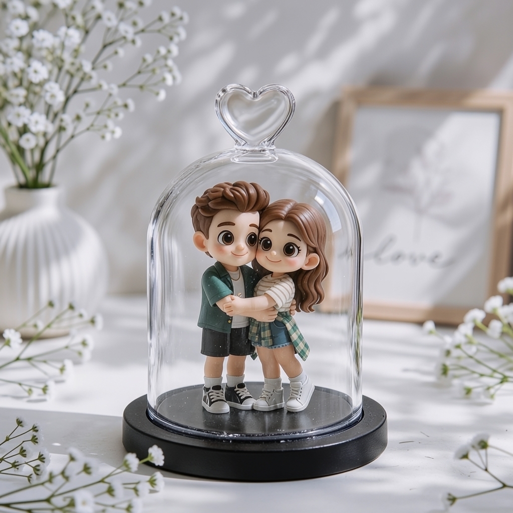 Figurine 3d Personnalisée De Couple À Partir De Votre Photo, Sous Cloche En Verre En Forme De Cœur. Cadeau Souvenir Romantique Et Personnalisé Pour Un Anniversaire, Un Mariage Ou La Saint-valentin.