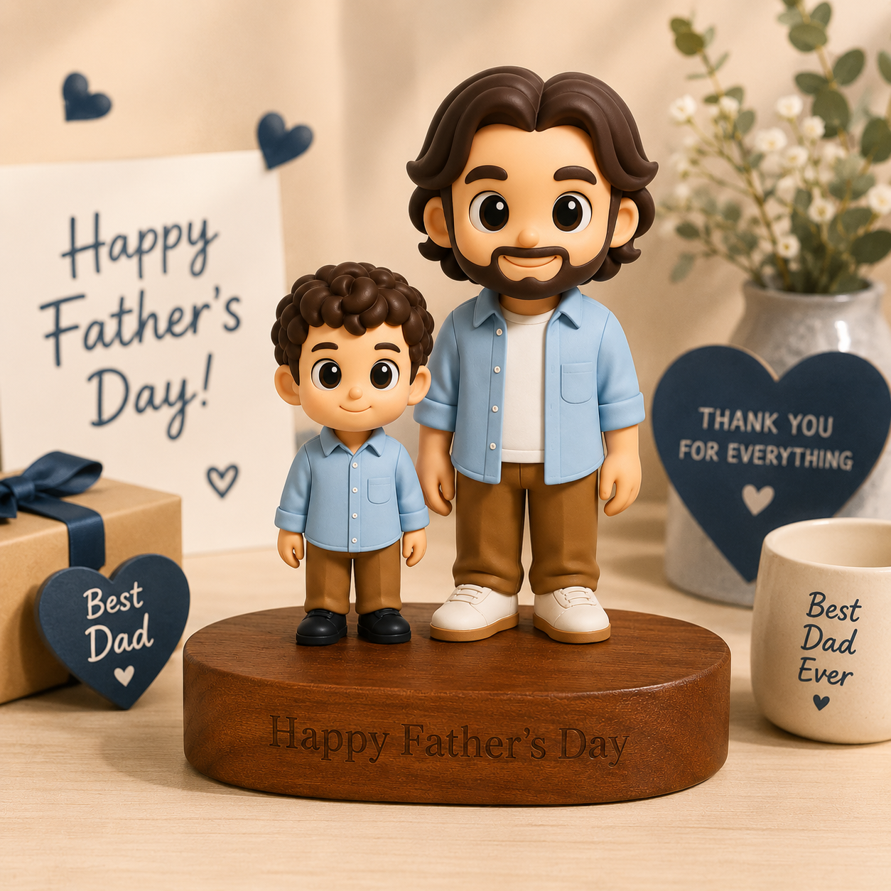 Figurine 3D personnalisée à partir d’une photo avec base en bois gravée Message personnalisé Support en bois massif Cadeau unique pour la fête des pères pour papa - 