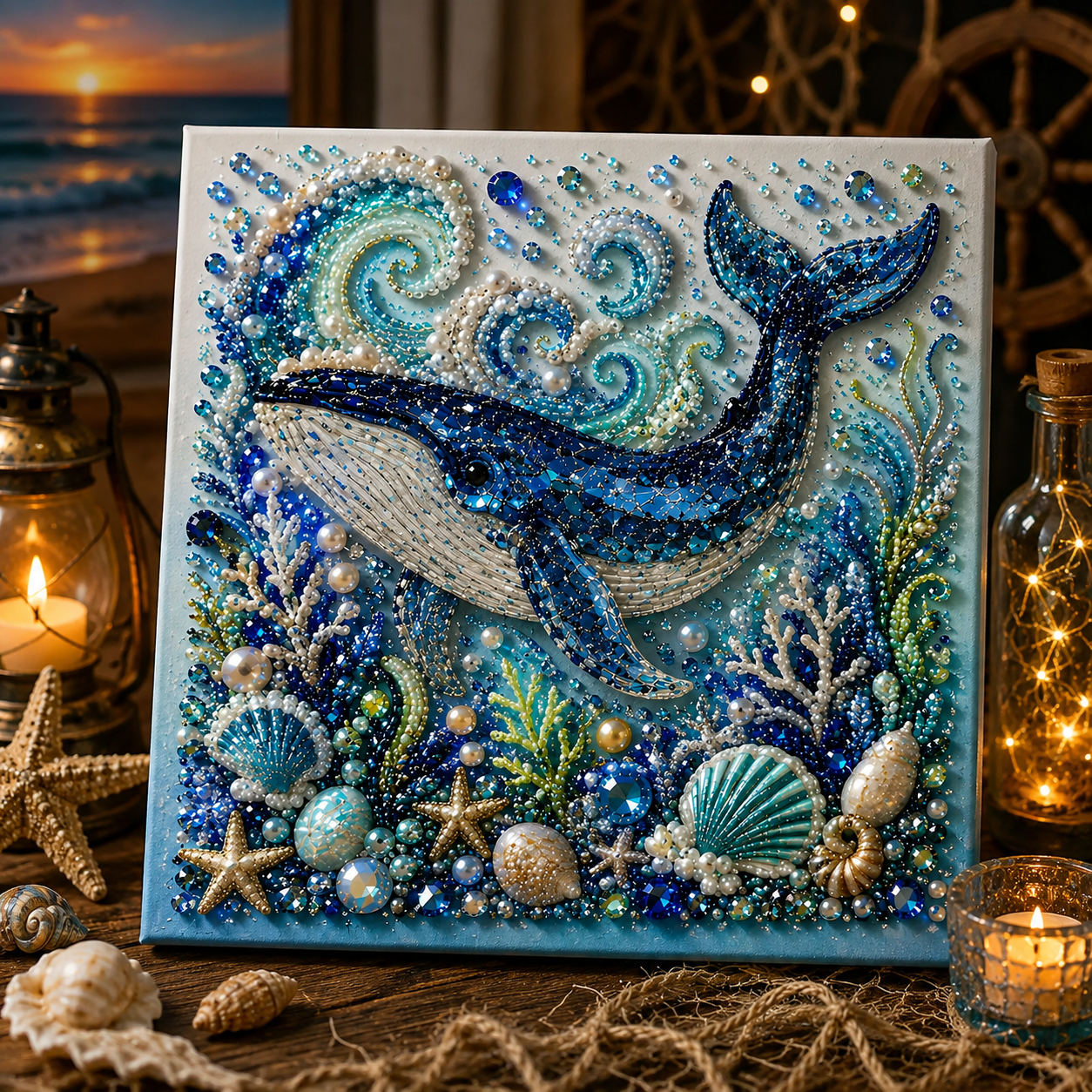 Kit De Mosaïque DIY Perles Et Strass Sur Le Thème De L'océan – Décoration Murale Pieuvre Pour Une Déco Bord De Mer 20*20cm - 