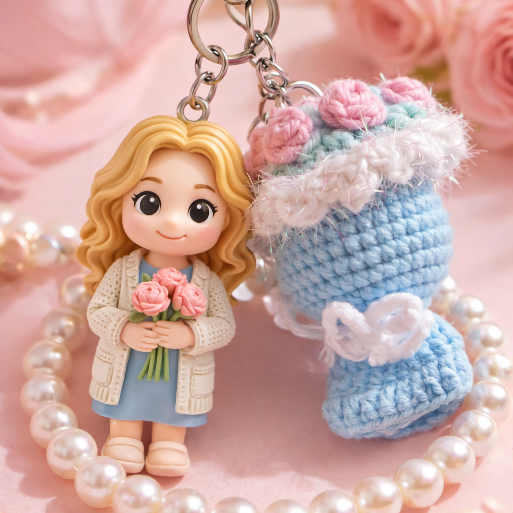 Porte-clés Photo Transformé En Figurine 3d Avec Fleur Au Crochet - Cadeau Mignon Pour La Fête Des Mères - 